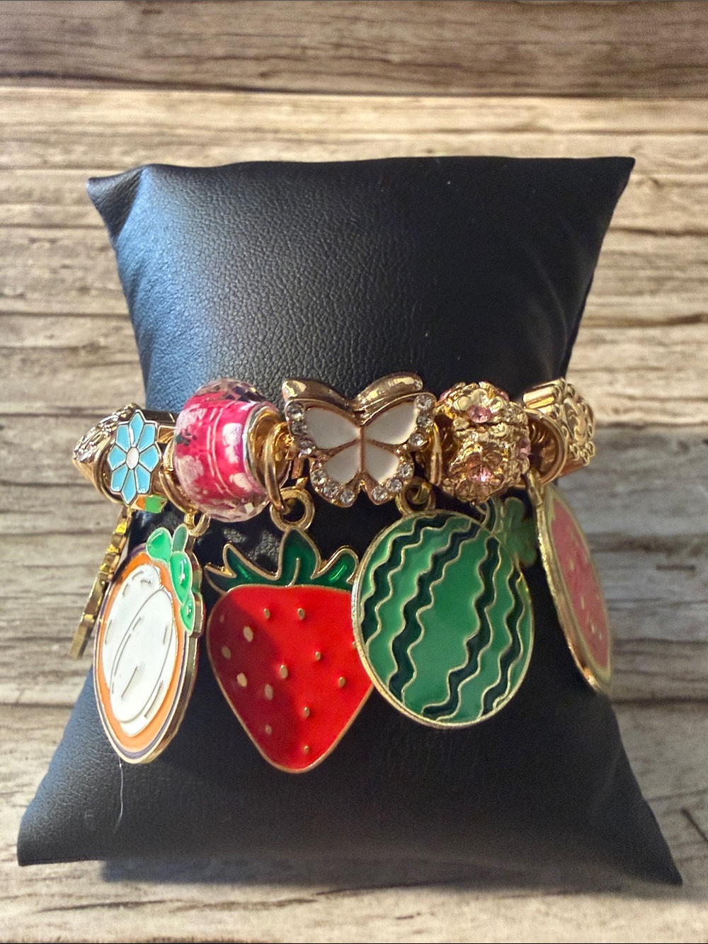 Gold-Tone Fruit Charm Bracelet with Red Strawberry & Green Watermelon